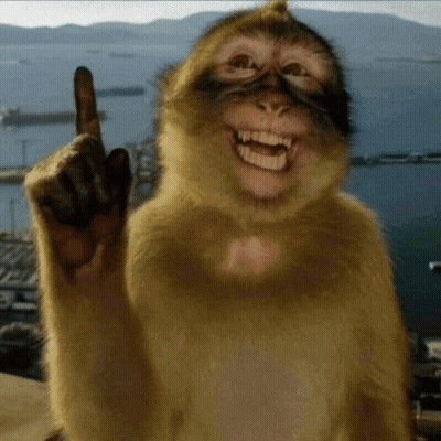 A Monkey Is Smiling And Pointing Up With Its Finger GIF