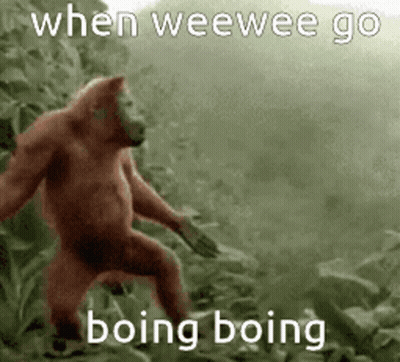 A Monkey Is Standing In The Woods With The Words `` When Weewee Go Boing Boing '' Written On The Bottom . GIF