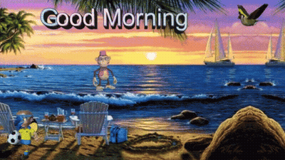 A Monkey Is Standing On A Beach With The Words Good Morning Above Him GIF