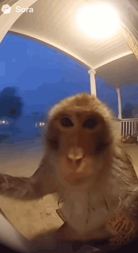 A Monkey Is Standing On A Porch And Looking At The Camera With Sora Written On The Bottom GIF