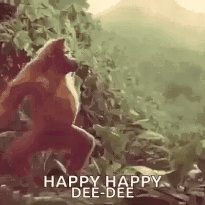 A Monkey Is Standing On Its Hind Legs In The Jungle And Says `` Happy Happy Dee-Dee '' . GIF