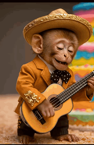 A Monkey Is Wearing A Sombrero And Holding A Guitar GIF