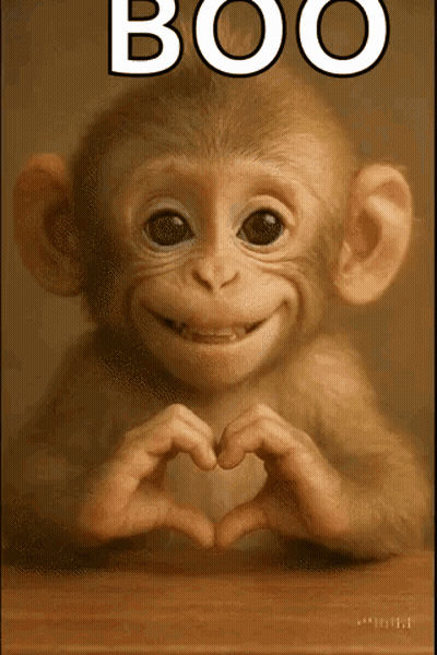 A Monkey Making A Heart Shape With Its Hands With The Word Boo Above It GIF