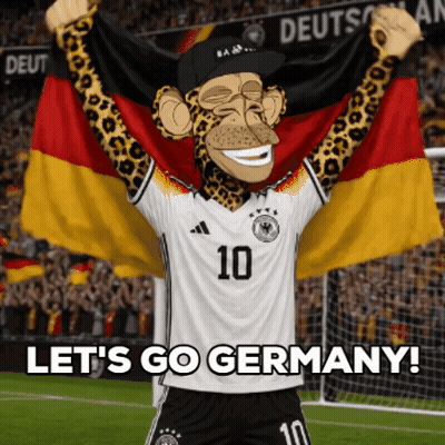 A Monkey Mascot Holding A German Flag With The Words Let 'S Go Germany Below Him GIF
