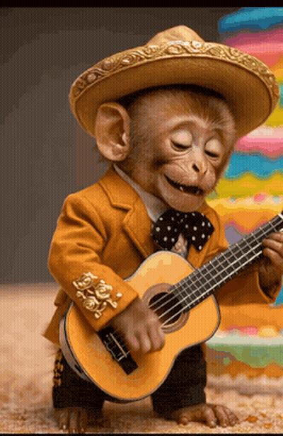 A Monkey Wearing A Sombrero And A Suit Is Playing A Guitar GIF