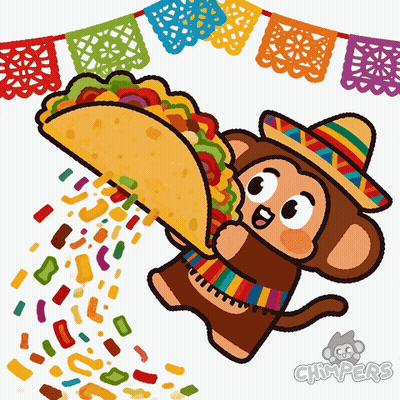 A Monkey Wearing A Sombrero Is Holding A Taco With Confetti Falling Out Of It GIF