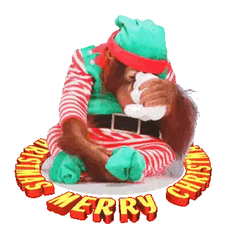 A Monkey Wearing An Elf Costume Drinking From A Cup Sticker