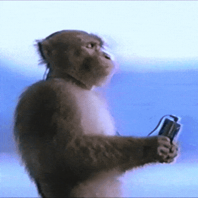A Monkey Wearing Headphones Is Holding A Camera GIF