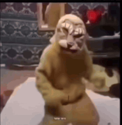 A Monkey With A Mask On Its Face Is Dancing On A Table . GIF