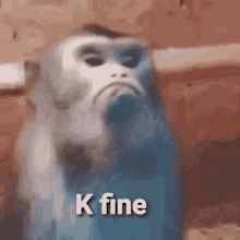 A Monkey With A Sad Face And The Words `` K Fine '' On It 'S Face . GIF