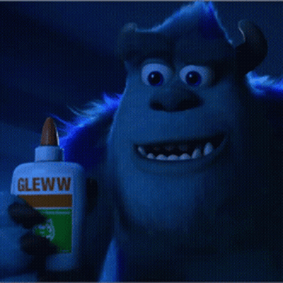 a monster holding a bottle of glue with the word gleww on it