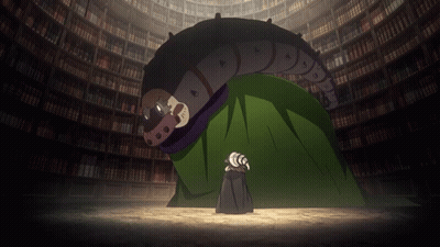 A Monster In A Green Cape Is Standing In Front Of A Library Full Of Books GIF