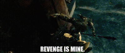 A Monster Is Standing In The Water With The Words `` Revenge Is Mine '' Written Above It . GIF