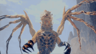 A Monster With A Lot Of Arms And Claws Stands In Front Of A Mountain GIF