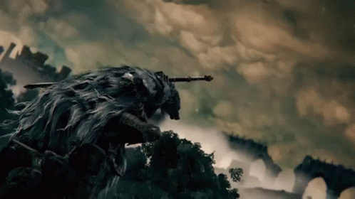A Monster With A Sword In Its Mouth Is Standing On Top Of A Mountain . GIF