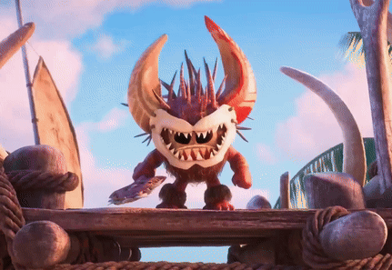 A Monster With Horns And Sharp Teeth Is Standing On A Wooden Bridge GIF
