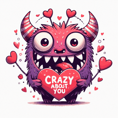 A Monster With Horns Is Holding A Red Heart That Says Crazy About You GIF