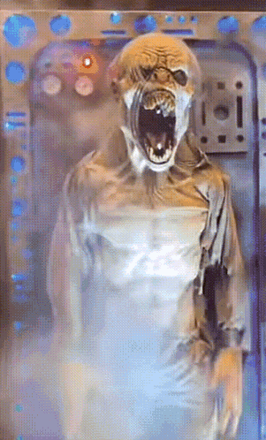 A Monster With Its Mouth Open Is Standing In Front Of A Door That Says ' I ' On It GIF