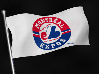 A Montreal Expos Flag Is Waving In The Wind On A Black Background GIF