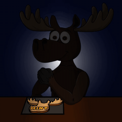 A Moose Sitting At A Table With A Mint Cookie On It 'S Head GIF