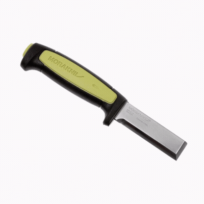 A Moraknil Knife With A Black Handle And A Yellow Grip GIF