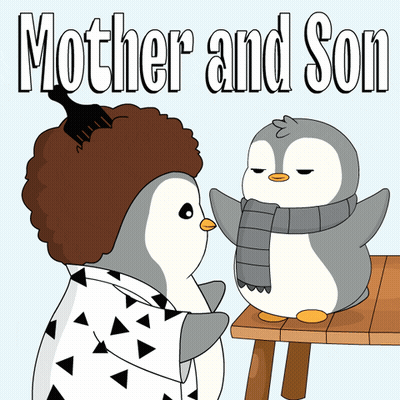 A Mother And Son Penguin With A Scarf On GIF