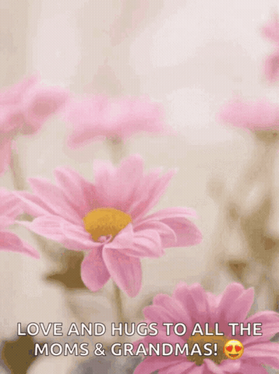 A Mother 'S Day Card With Pink Flowers And The Words " Love And Hugs To All The Moms & Grandmas " GIF