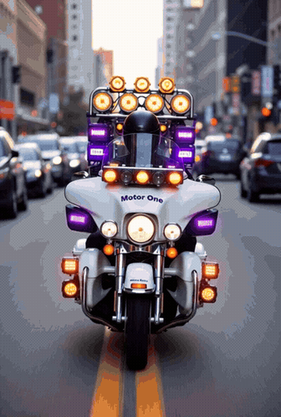 A Motor One Motorcycle Is Driving Down A Busy City Street GIF