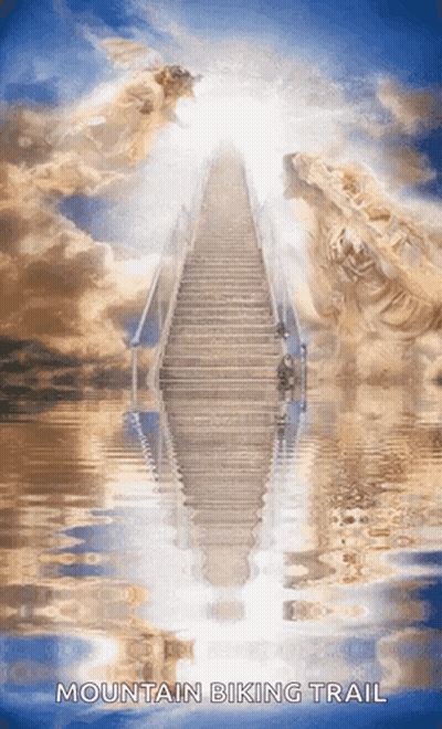 A Mountain Biking Trail Poster With A Staircase Leading Up To Heaven GIF