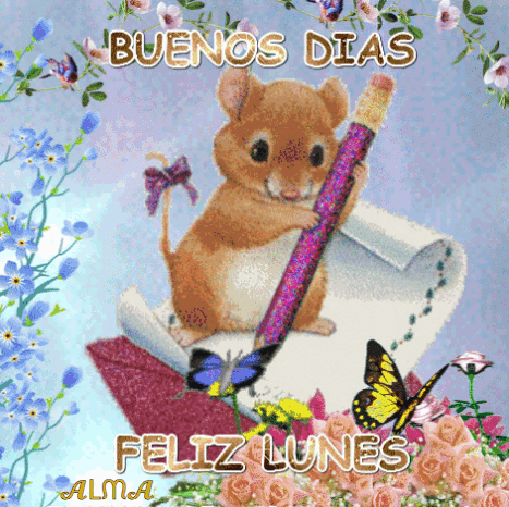 A Mouse Holding A Pencil On Top Of A Piece Of Paper With The Words Buenos Dias Feliz Lunes GIF