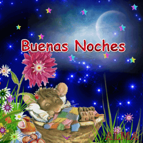 A Mouse Is Sleeping In A Basket With The Words Buenas Noches Written Above It GIF
