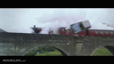 A Movie Clip From Movieclips.com Shows A Train And A Car Crashing On A Bridge GIF