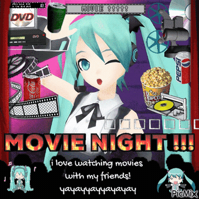 A Movie Night Poster With A Girl Holding A Can Of Soda And Popcorn GIF