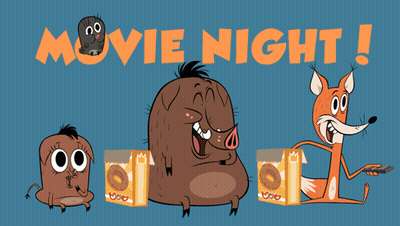 A Movie Night Poster With Cartoon Characters And A Box Of Donuts GIF