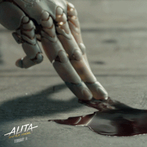A Movie Poster For Alita Battle Angel Shows A Robotic Hand Reaching For A Puddle Of Blood GIF