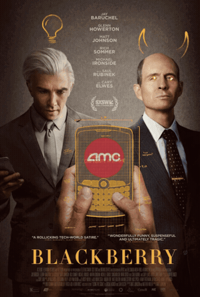 A Movie Poster For Blackberry Shows Two Men Holding A Cell Phone GIF