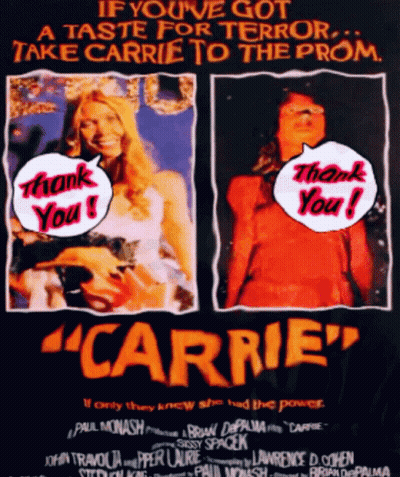 A Movie Poster For Carrie That Says Thank You On It GIF