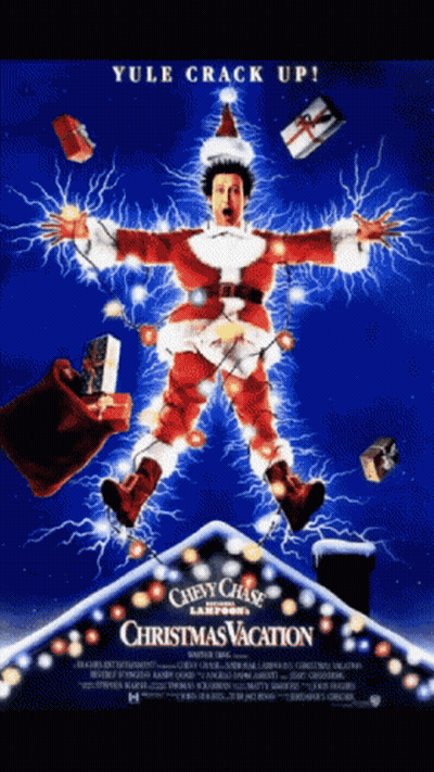 A Movie Poster For Chevy Chase 'S Christmas Vacation Shows A Man In A Santa Suit Surrounded By Christmas Lights GIF