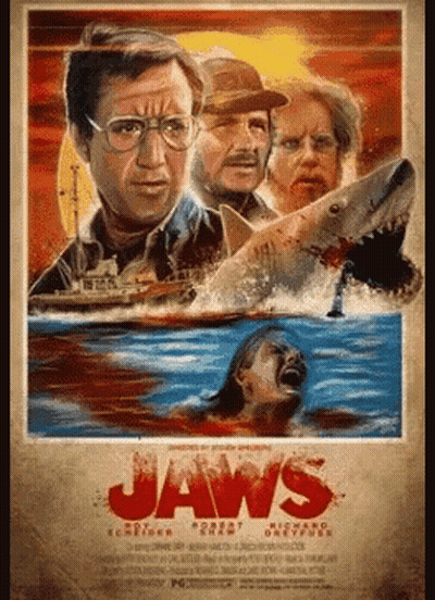 A Movie Poster For Jaws Shows A Shark Attacking A Woman GIF