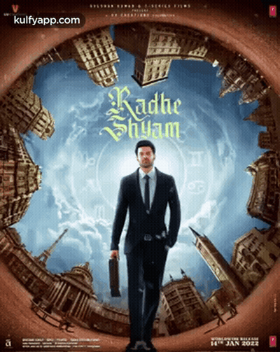 A Movie Poster For Radhe Shyam Shows A Man In A Suit And Tie Holding A Briefcase GIF