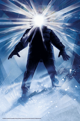 A Movie Poster For The Thing Shows A Man In The Dark With A Light Coming Out Of His Head GIF