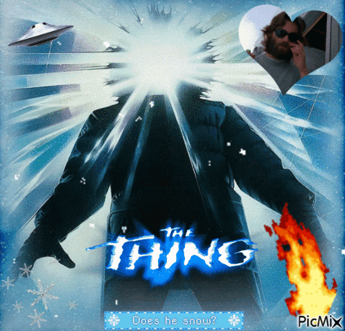 A Movie Poster For The Thing Shows A Man With A Beard GIF