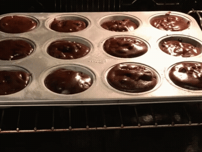 A Muffin Pan Filled With Chocolate Cupcakes Is Sitting On A Rack GIF