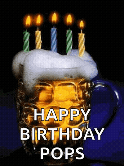 A Mug Of Beer With Candles On Top And The Words Happy Birthday Pops GIF