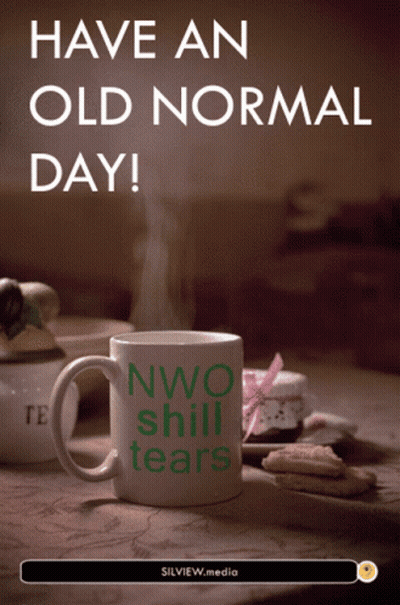 A Mug That Says " Have An Old Normal Day " Sits On A Table GIF