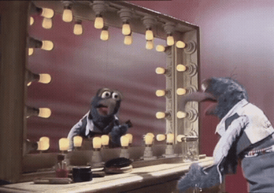 A Muppet Is Looking At Himself In A Mirror With Lights On GIF