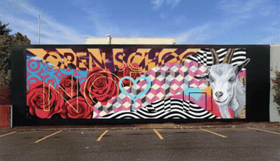 A Mural Of A Goat And Roses With The Words Open School On It GIF