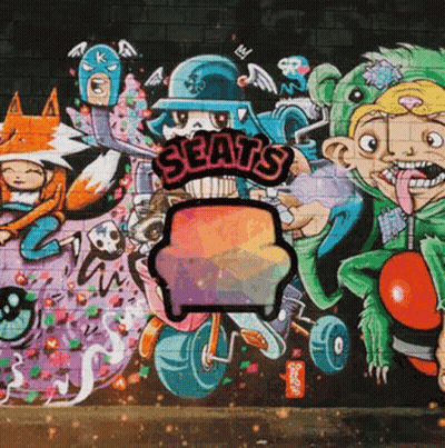 A Mural On A Wall That Says Seats On The Top GIF