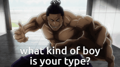 A Muscular Man Giving A Thumbs Up With The Words " What Kind Of Boy Is Your Type " GIF