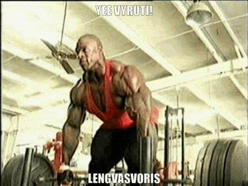 A Muscular Man Is Lifting A Barbell In A Gym With A Caption That Says Yee Vyrut ! GIF